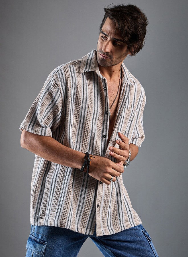 CHIMPAAANZEE Oversized Vertical Striped Spread Collar Casual Shirt - Image 3